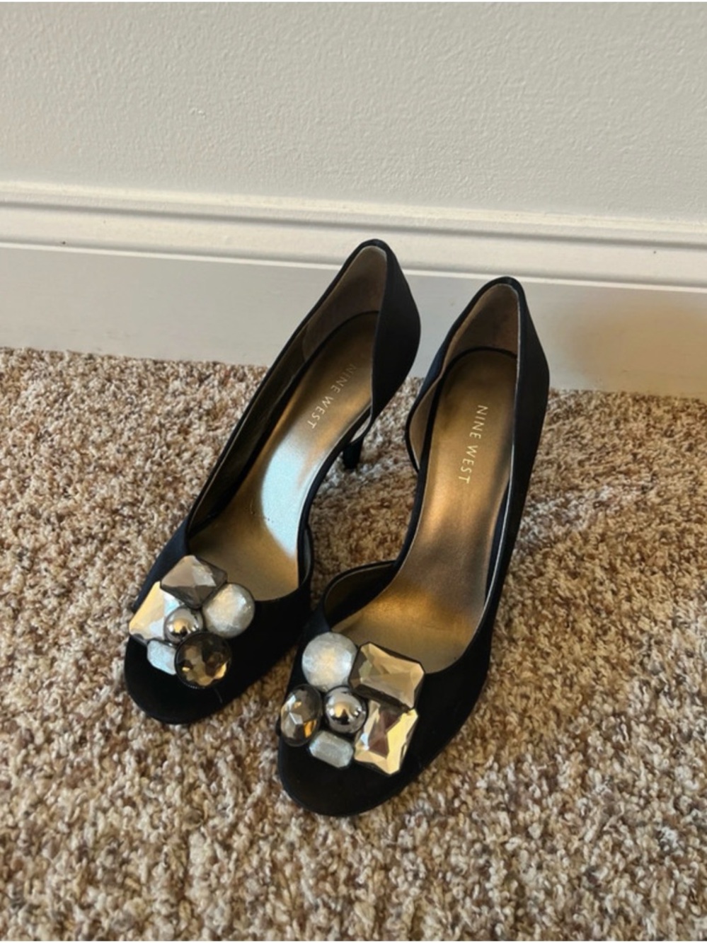 Nine West Black Embellished Peep-Toe Heels
